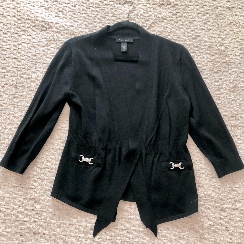 3/4 sleeve black cardigan with front tie closure and silver embellishments